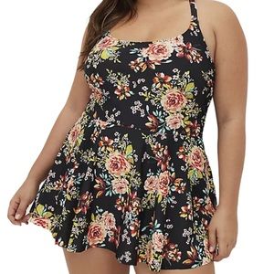torrid Black Floral Short Length Tie Swim Dress 6X